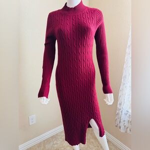 Elegant Burgundy Cable Knit Long Sleeve Dress